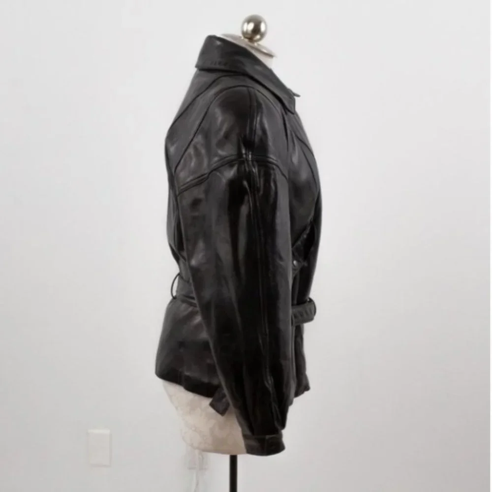 Vintage 80s Black Leather Jacket M Footballer Short Blazer Coat - Picture 5 of 14